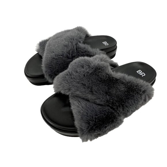 BP Cross Faux Fur Sandals Slippers Gray Sz 8 - Picture 1 of 6
